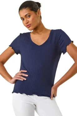 T-Shirts>Roman Navy Textured Lettuce Edge Top