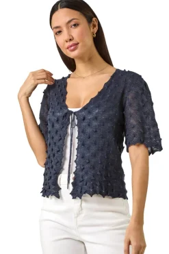 Tops>Roman Navy Textured Tie Front Shrug