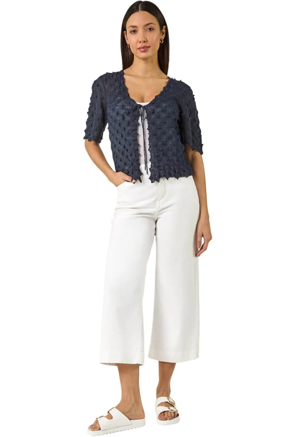 Tops>Roman Navy Textured Tie Front Shrug