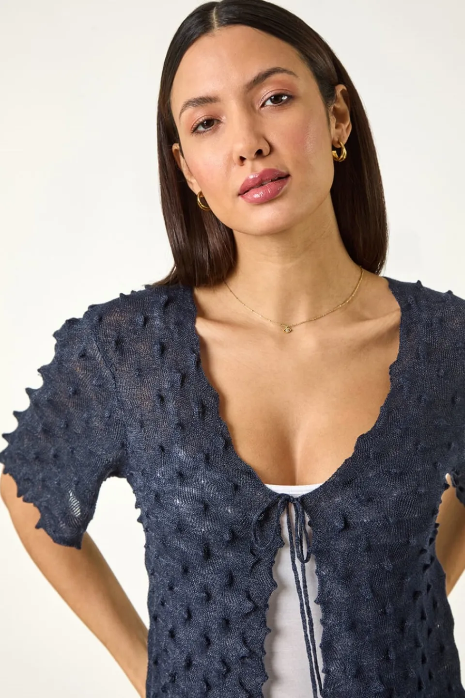 Tops>Roman Navy Textured Tie Front Shrug