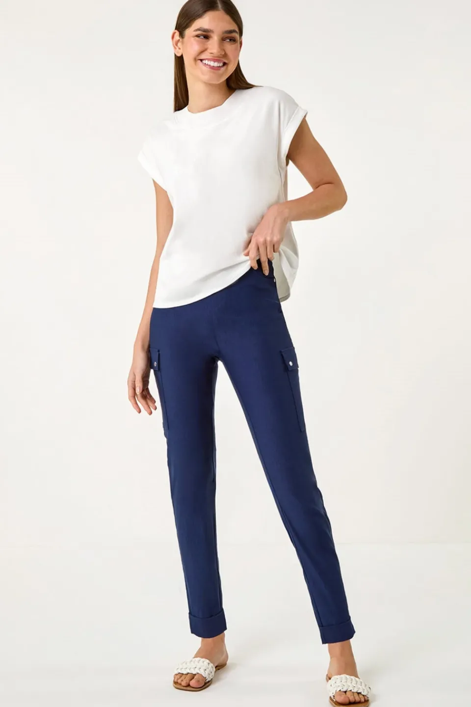 Trousers>Roman Turn Up Stretch Cargo Trousers Navy