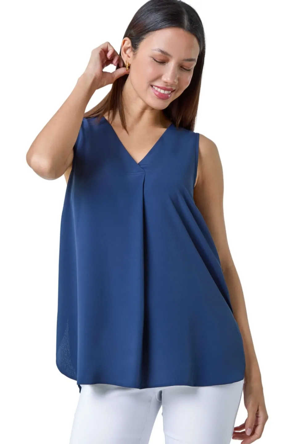 Tops>Roman Navy V Neck Sleeveless Pleat Chiffon Vest Top