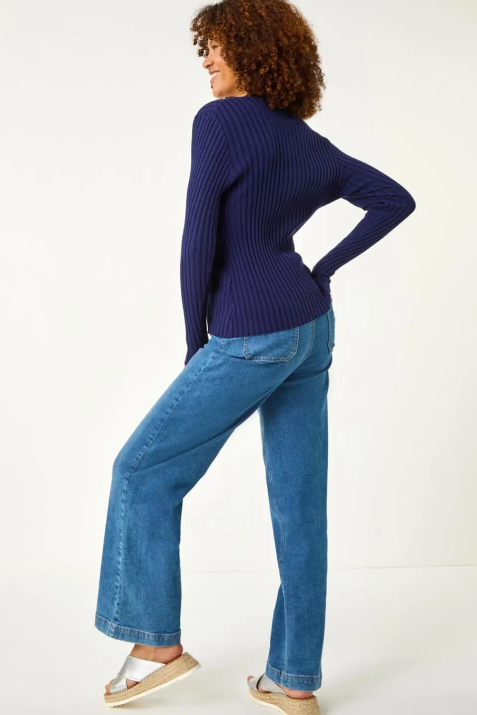 Knitwear>Roman Navy V-Neck Cable Ribbed Knit Jumper
