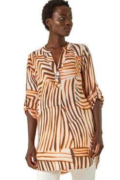 Tops>Roman Orange Abstract Linear Print V-Neck Button Top