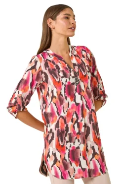 Tops>Roman Orange Abstract Print V Neck Button Top