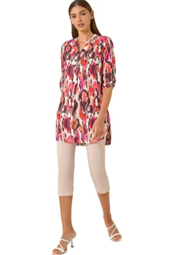 Tops>Roman Orange Abstract Print V Neck Button Top