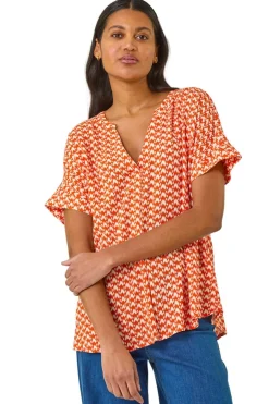 Tops>Roman Orange Abstract Print Tunic Top