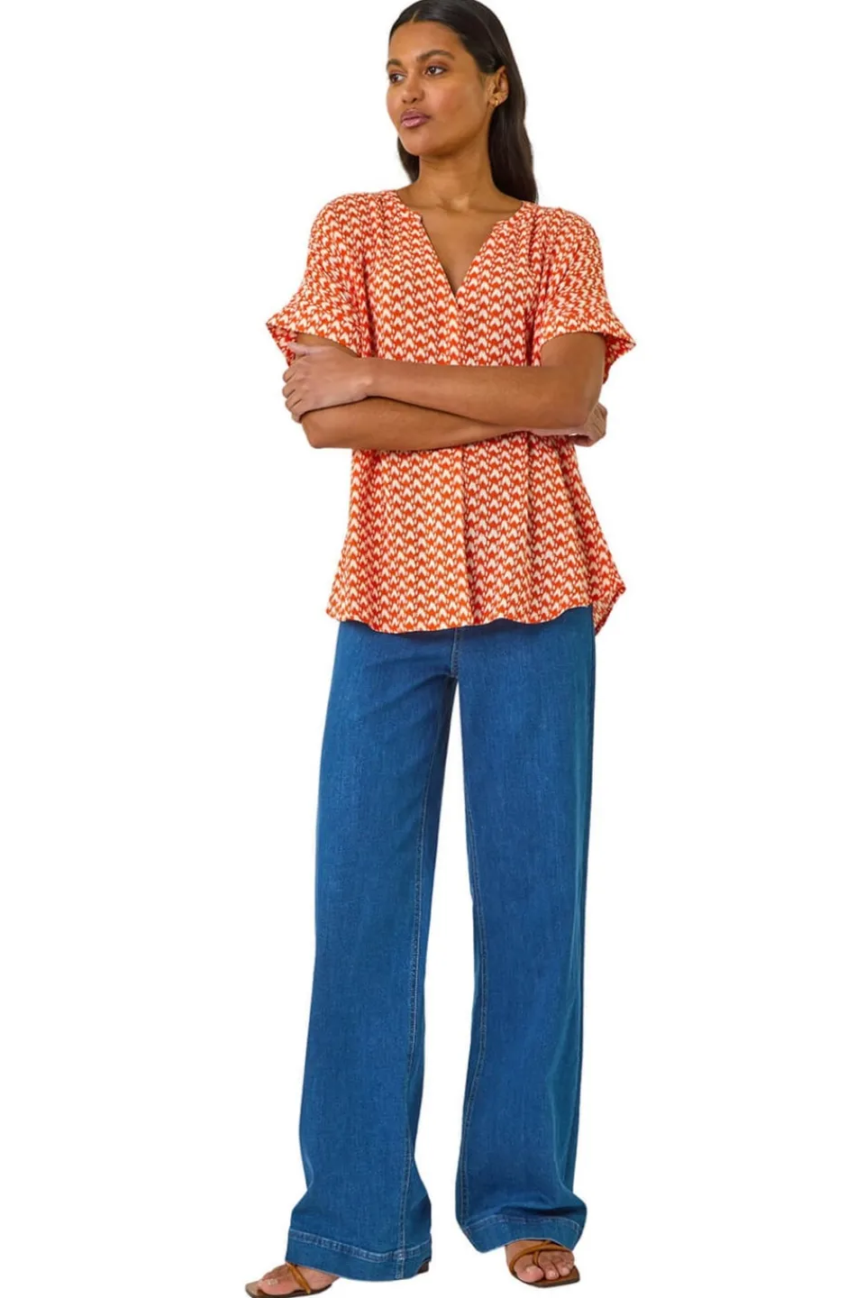 Tops>Roman Orange Abstract Print Tunic Top