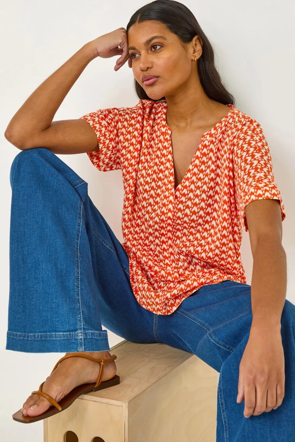 Tops>Roman Orange Abstract Print Tunic Top