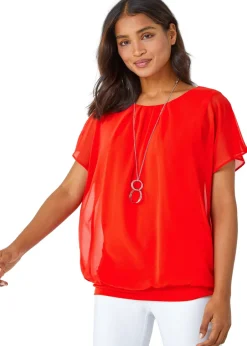 Tops>Roman Chiffon Jersey Blouson Top with Necklace Orange