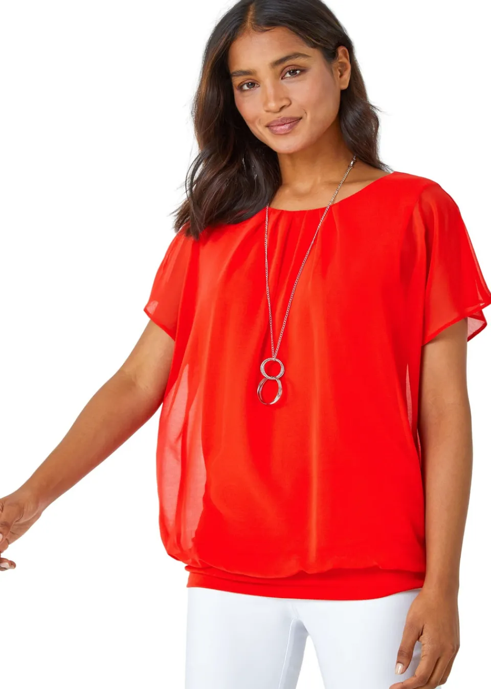 Tops>Roman Chiffon Jersey Blouson Top with Necklace Orange