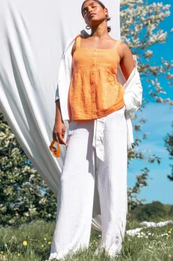 Tops>Roman Orange Cotton Button Through Shirred Vest Top