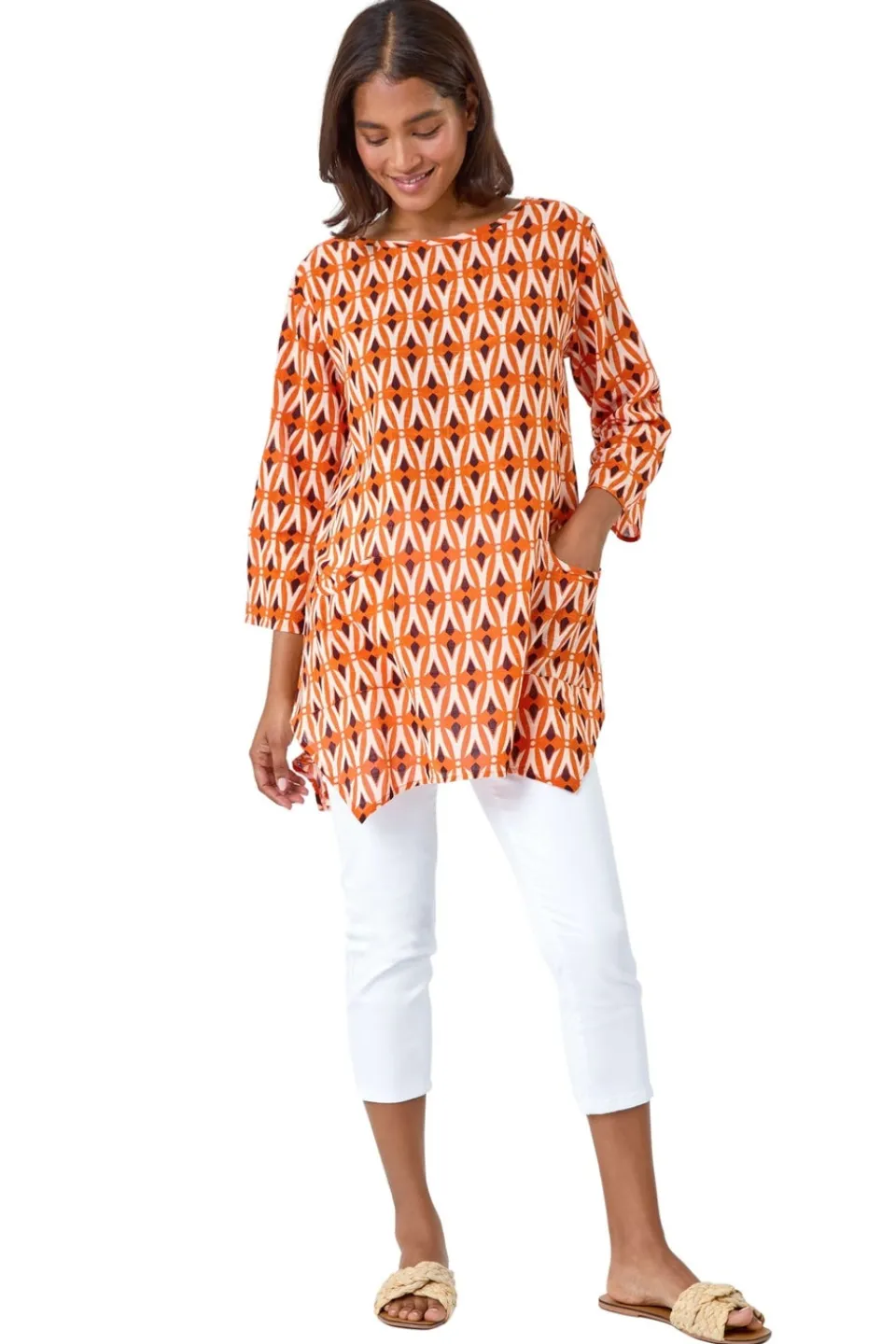 T-Shirts>Roman Orange Cotton Geometric Pocket Longline Tunic Top