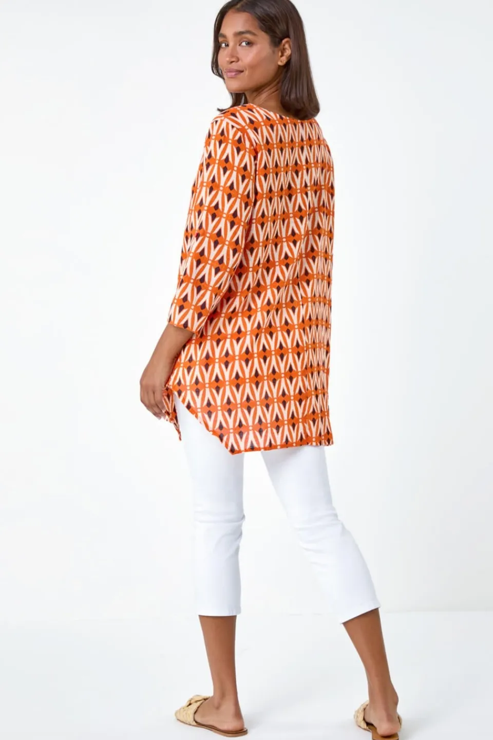 T-Shirts>Roman Orange Cotton Geometric Pocket Longline Tunic Top
