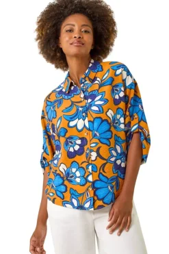 Tops>Roman Orange Floral Button Up Blouse