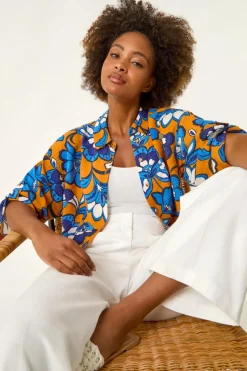 Tops>Roman Orange Floral Button Up Blouse