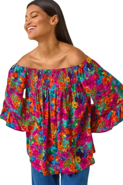 Tops>Roman Orange Floral Print Bardot Top