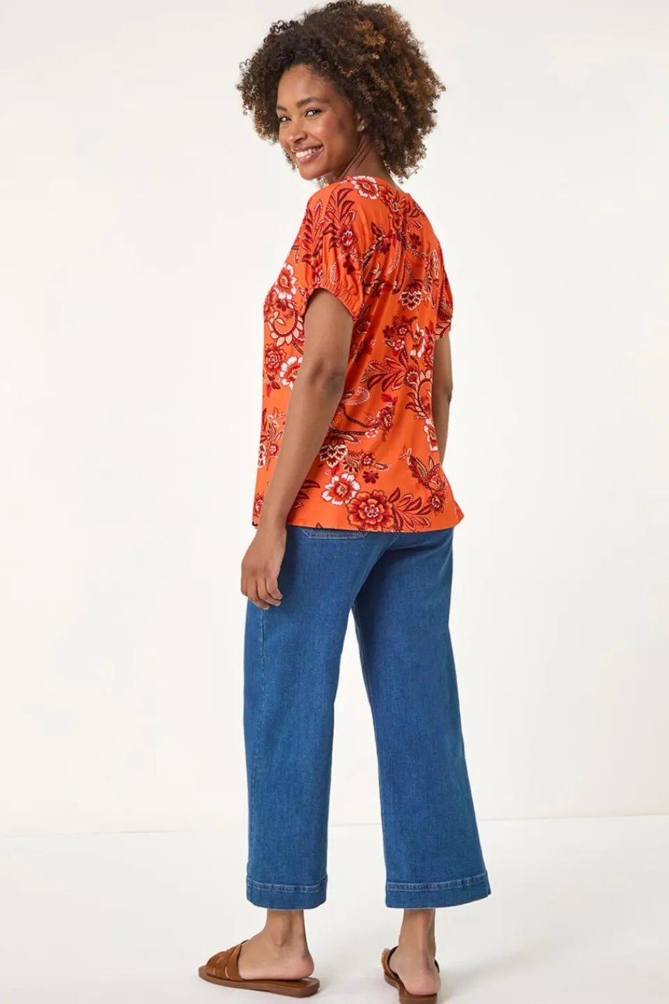 Tops>Roman Orange Floral Print Pleat Front Top