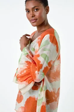 T-Shirts>Roman Orange Floral Print Frill Sleeve Top