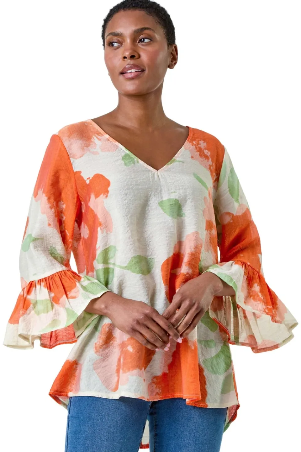T-Shirts>Roman Orange Floral Print Frill Sleeve Top