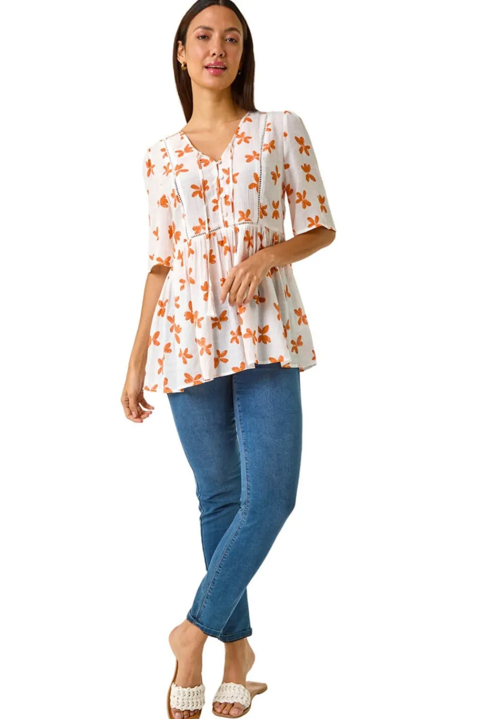 Tops>Roman Orange Floral Print Tassel Top
