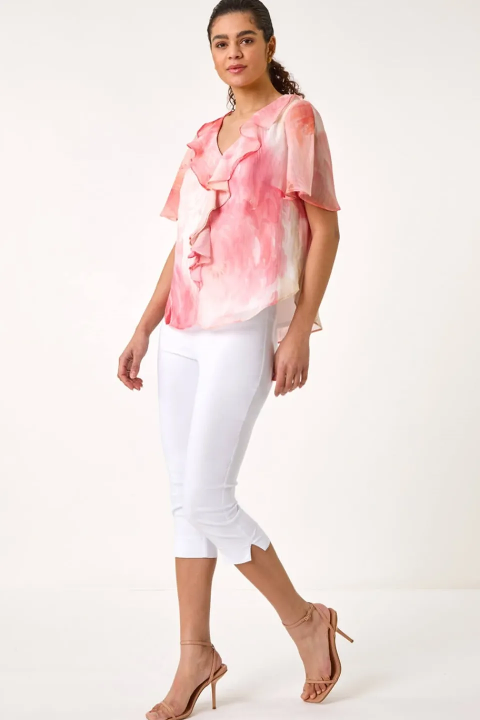 Tops>Roman Orange Floral Ruffle Front Top