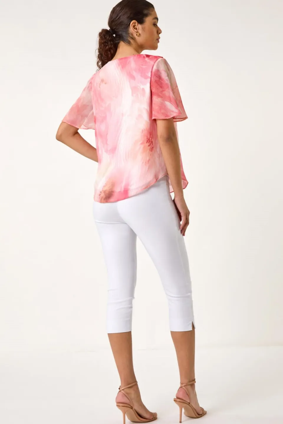 Tops>Roman Orange Floral Ruffle Front Top
