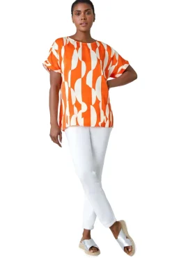 Tops>Roman Orange Geometric Print Woven Top
