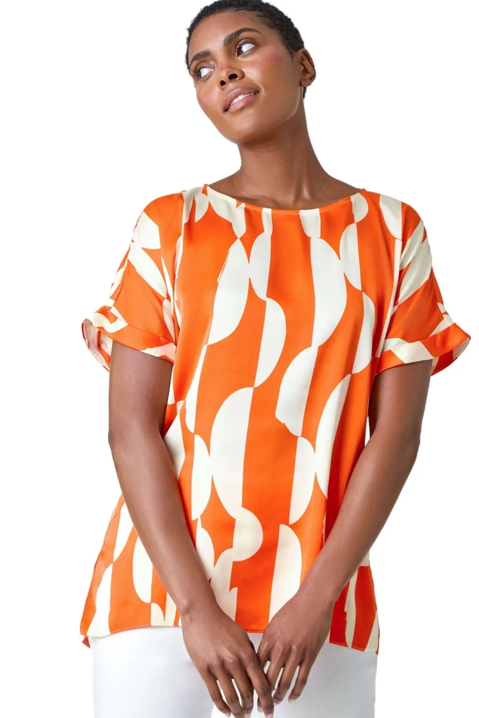 Tops>Roman Orange Geometric Print Woven Top