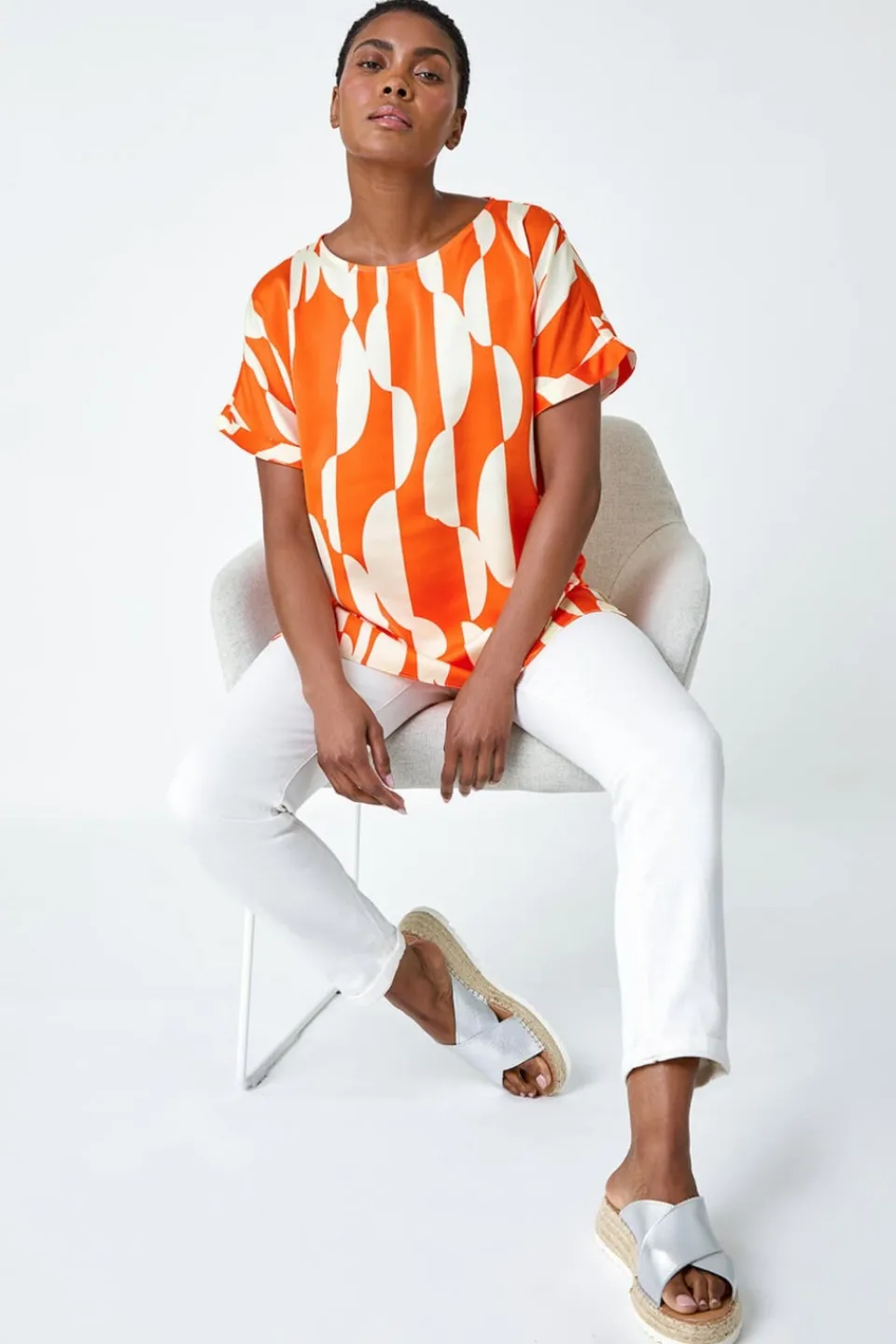 Tops>Roman Orange Geometric Print Woven Top