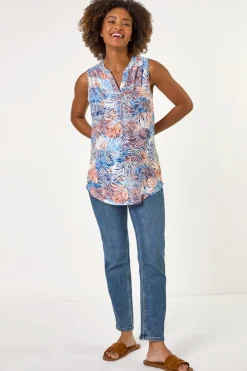 Tops>Roman Orange Leaf Burnout Print Vest Top