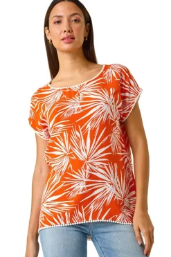 Tops>Roman Orange Leaf Print Bobble Trim Top