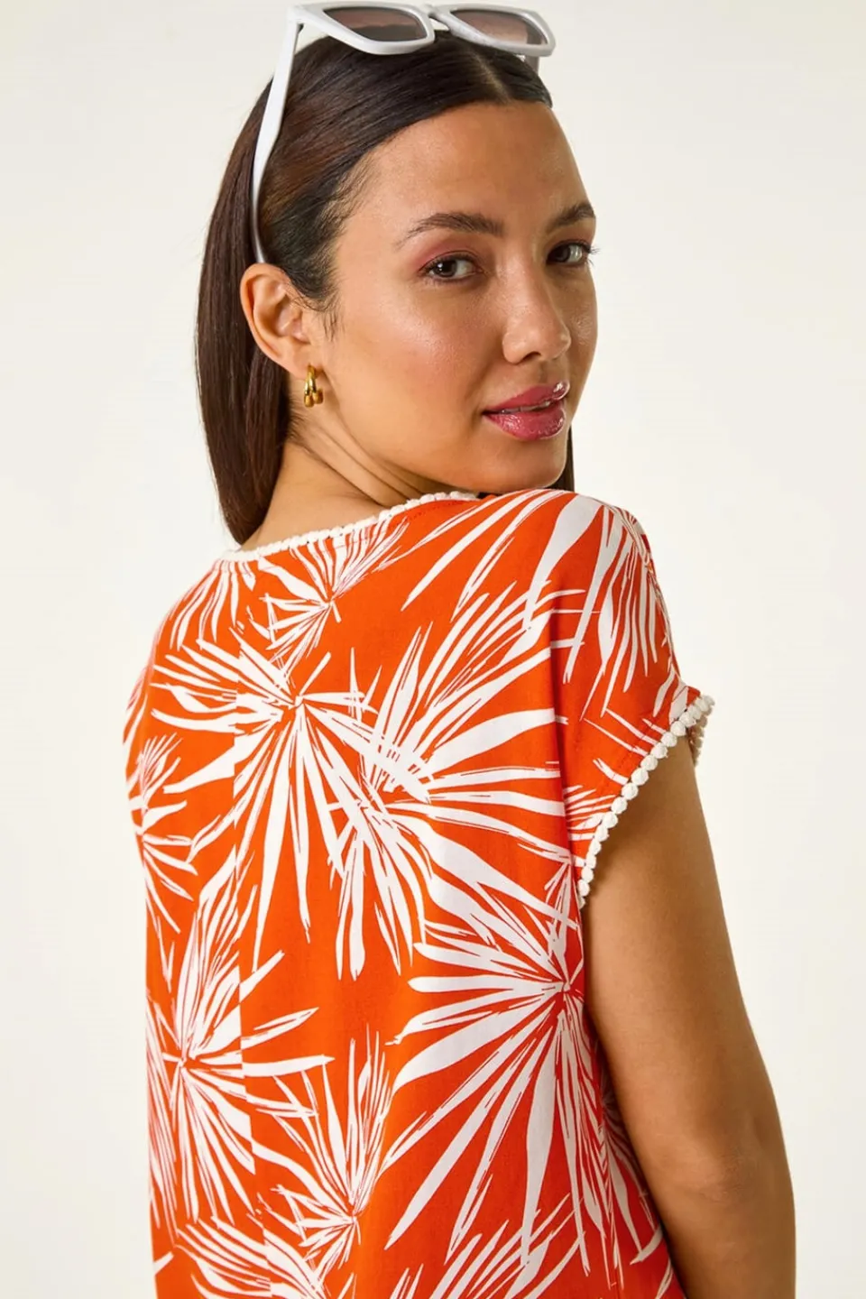 Tops>Roman Orange Leaf Print Bobble Trim Top