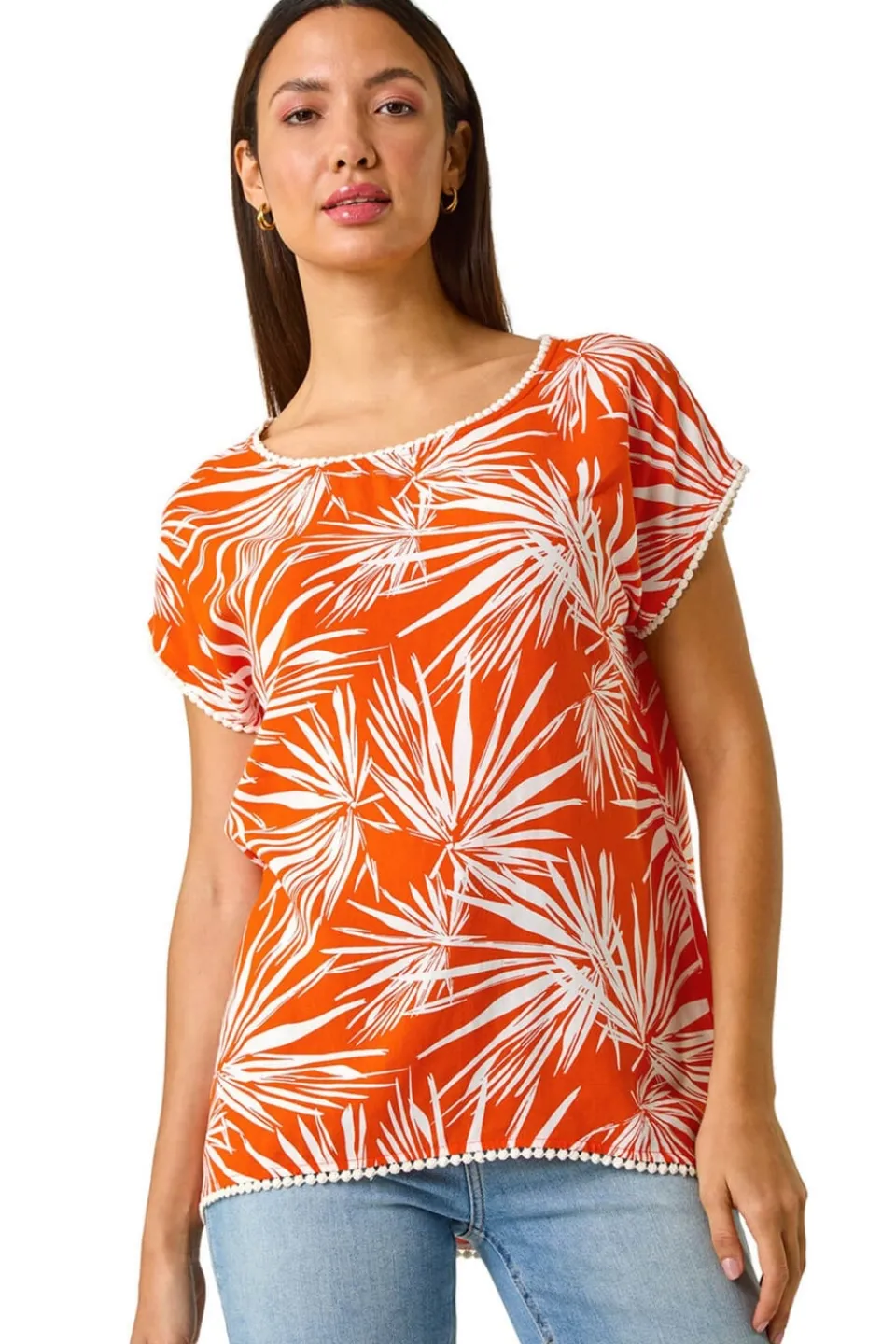 Tops>Roman Orange Leaf Print Bobble Trim Top
