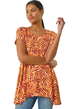 Tops>Roman Orange Leaf Print Hanky Hem Tunic Top