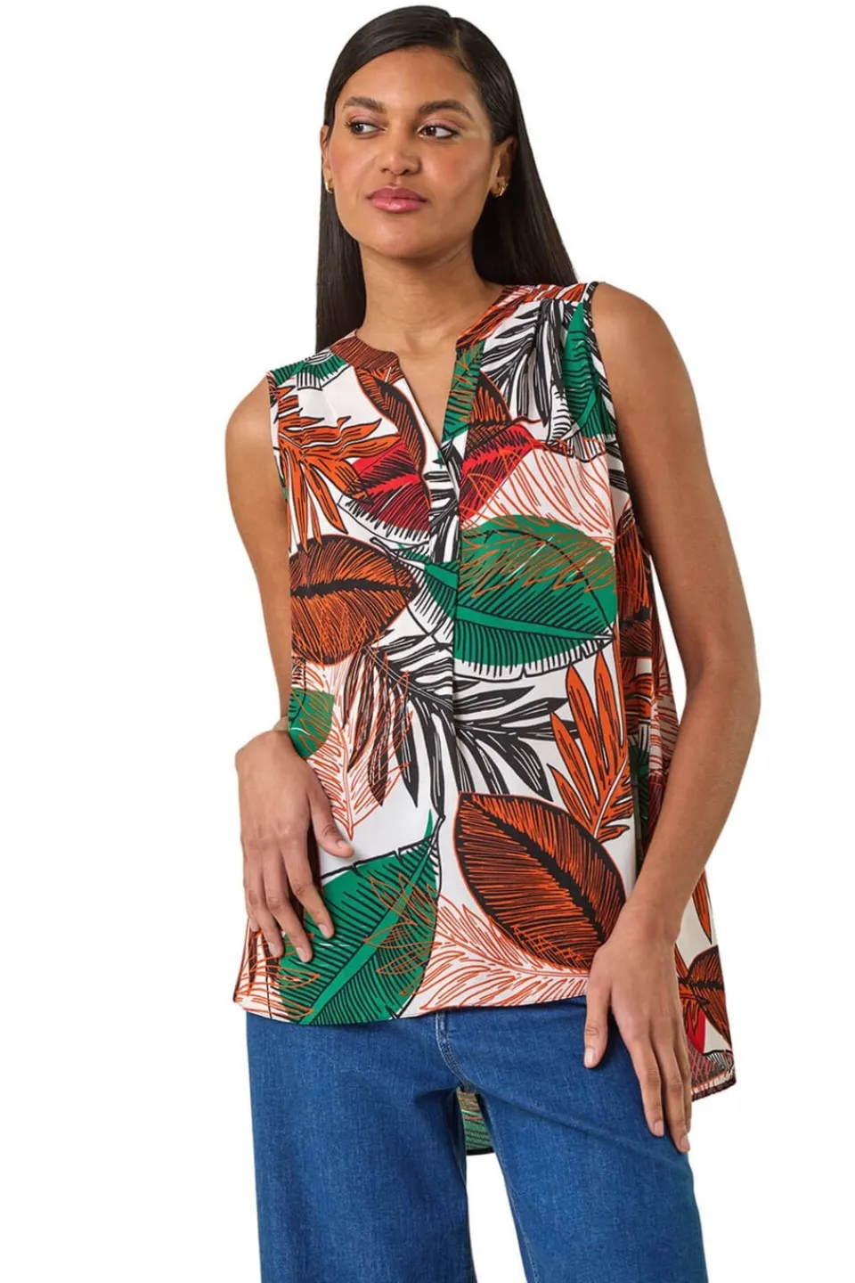 Tops>Roman Orange Leaf Print Pleated Vest Top