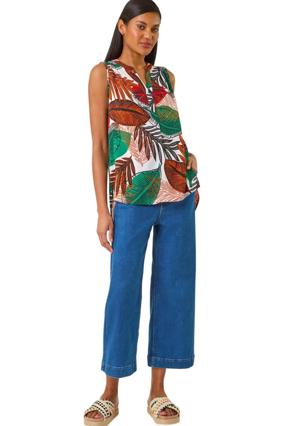 Tops>Roman Orange Leaf Print Pleated Vest Top