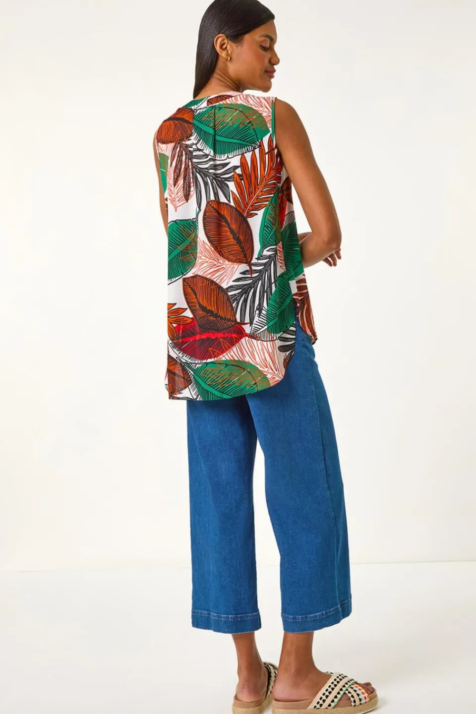 Tops>Roman Orange Leaf Print Pleated Vest Top