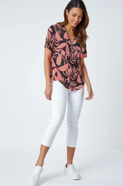 T-Shirts>Roman Orange Leaf Print Zip Detail V-Neck Stretch Top