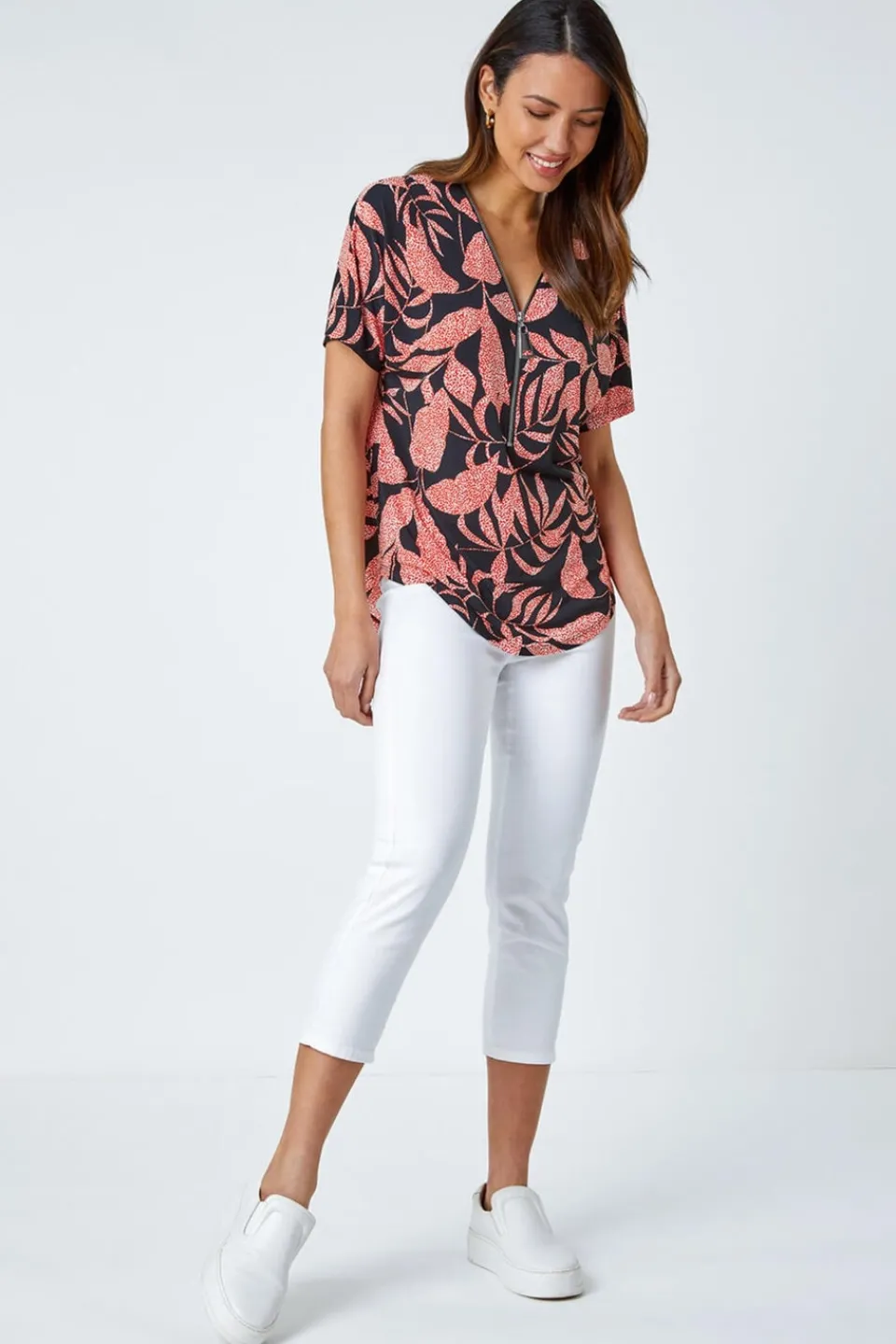 T-Shirts>Roman Orange Leaf Print Zip Detail V-Neck Stretch Top