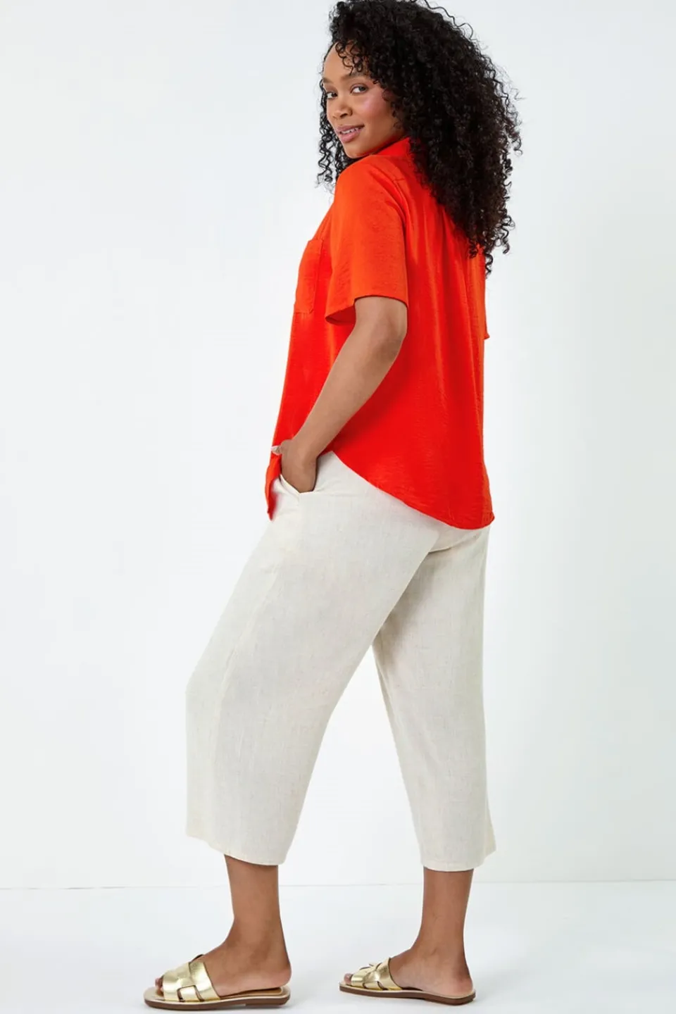 Tops>Roman Orange Petite Button Up Pocket Shirt
