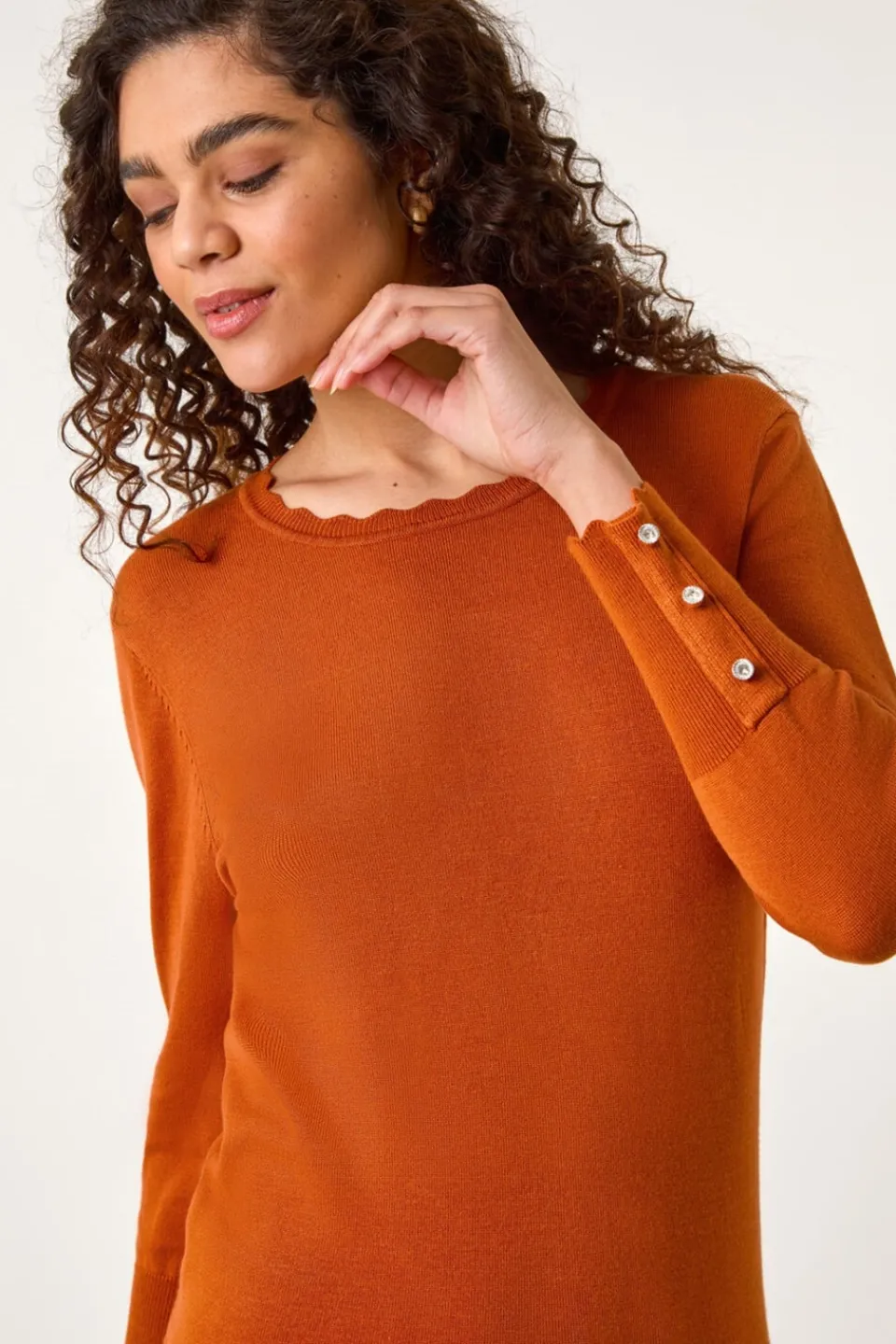 Tops>Roman Orange Scallop Neck Button Knit Jumper