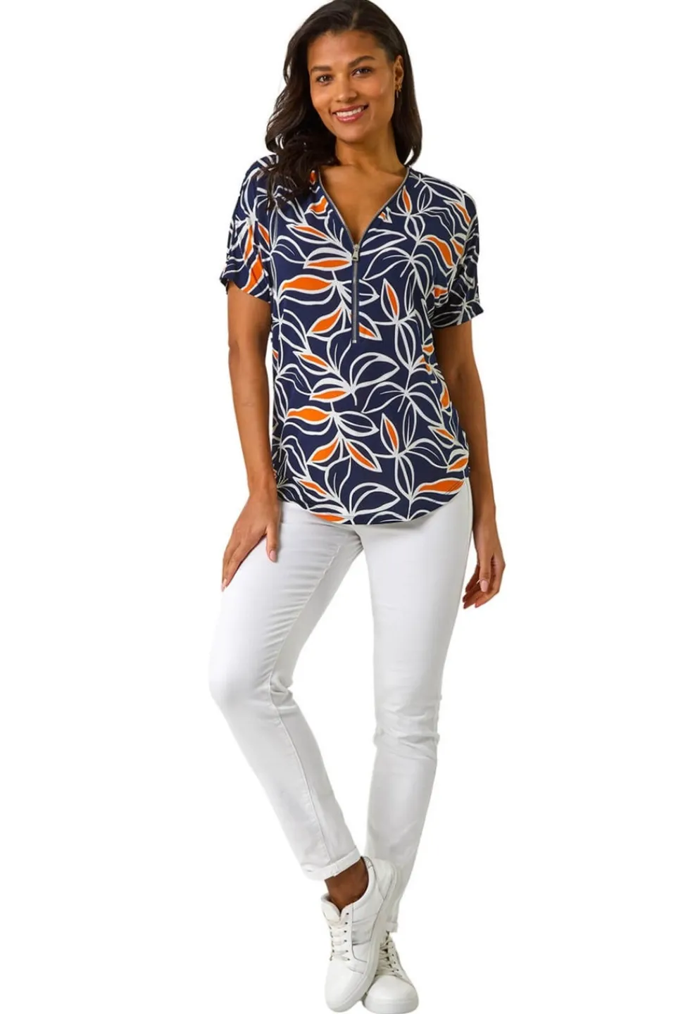 T-Shirts>Roman Orange Textured Print Zip Detail Top