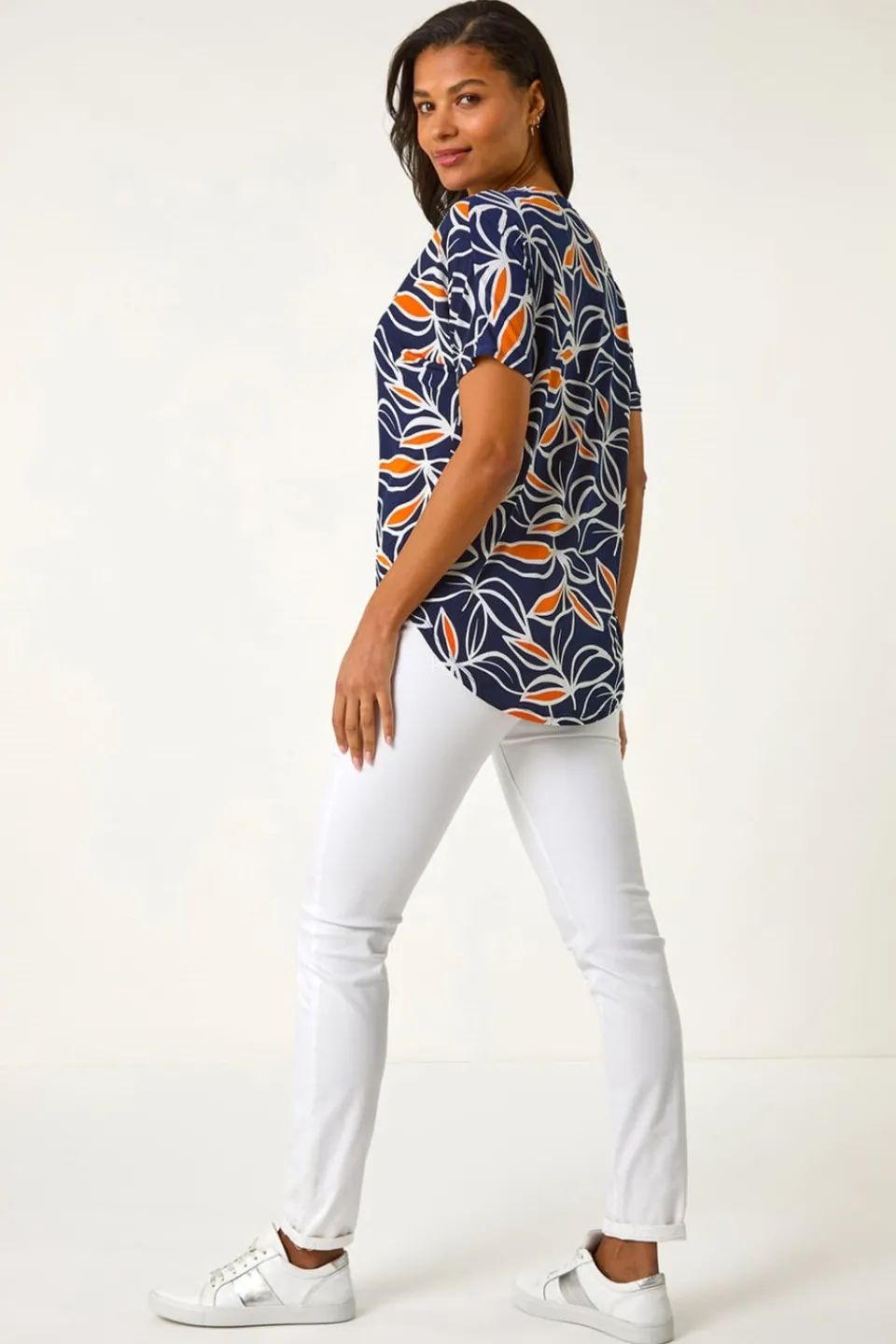 T-Shirts>Roman Orange Textured Print Zip Detail Top