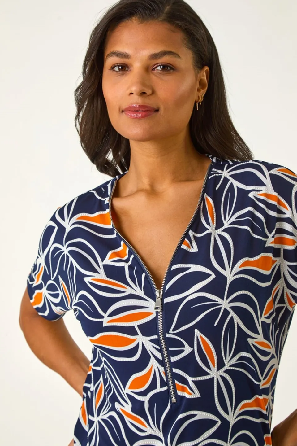 T-Shirts>Roman Orange Textured Print Zip Detail Top