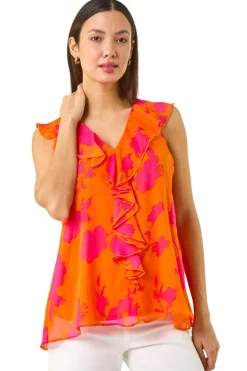 Tops>Roman Orange Tropical Print Ruffle Vest Top