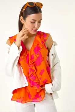 Tops>Roman Orange Tropical Print Ruffle Vest Top