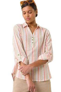 Blouses & Shirts>Roman Orange Vertical Stripe Collared Shirt