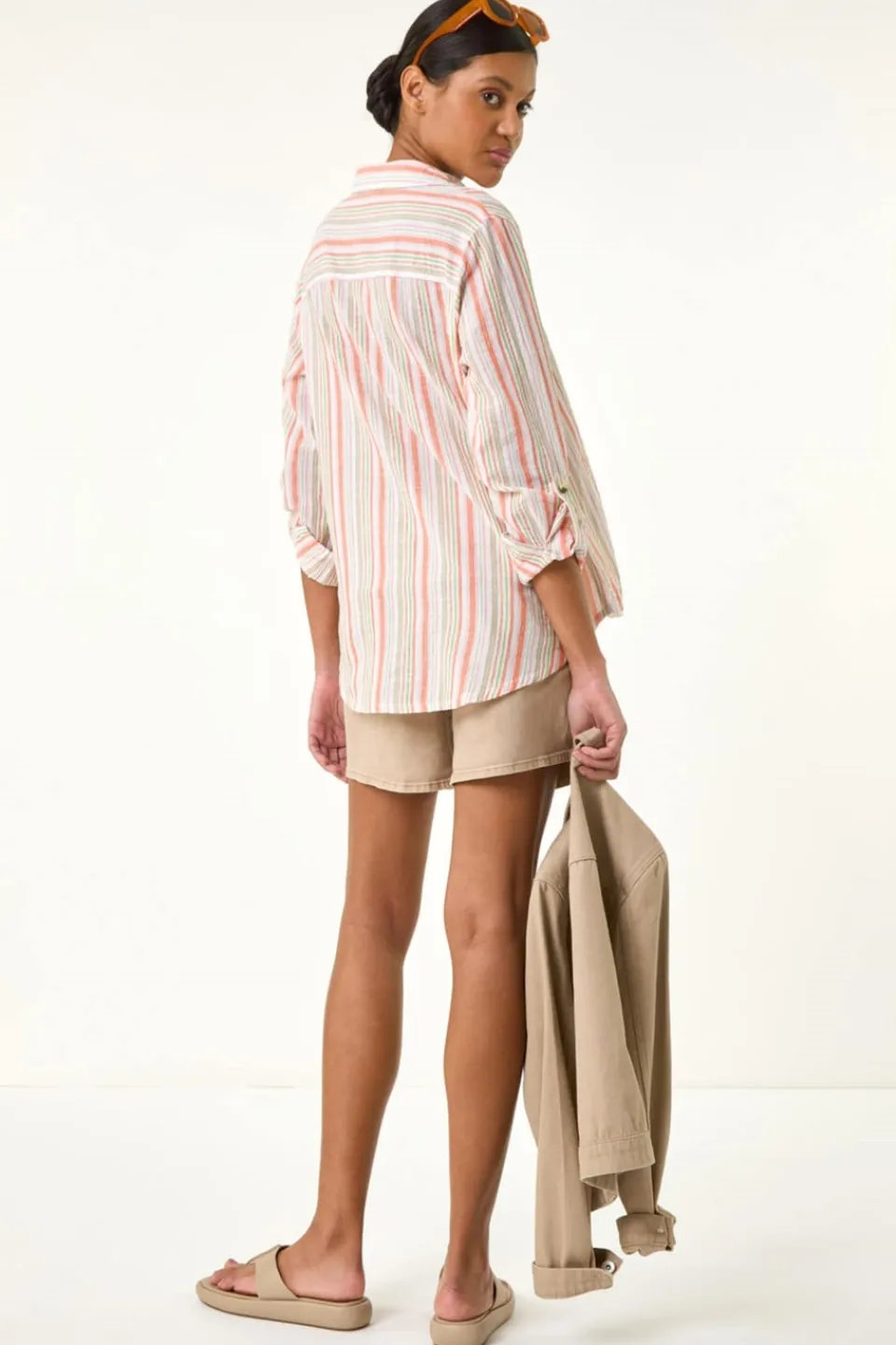 Blouses & Shirts>Roman Orange Vertical Stripe Collared Shirt