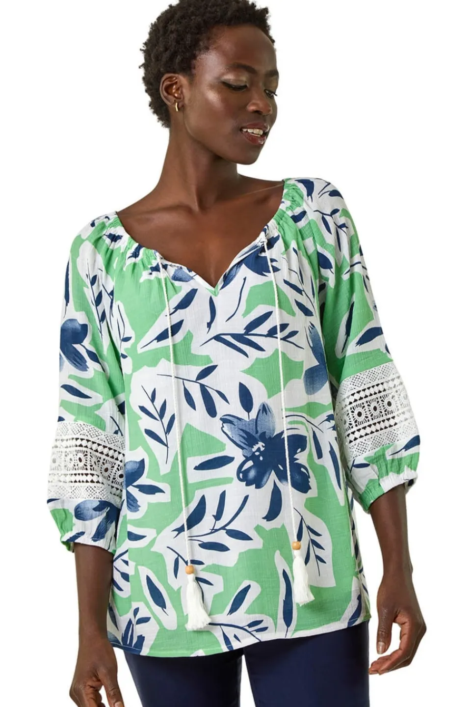 Tops>Roman Pale Green Floral Print Tie Front Top